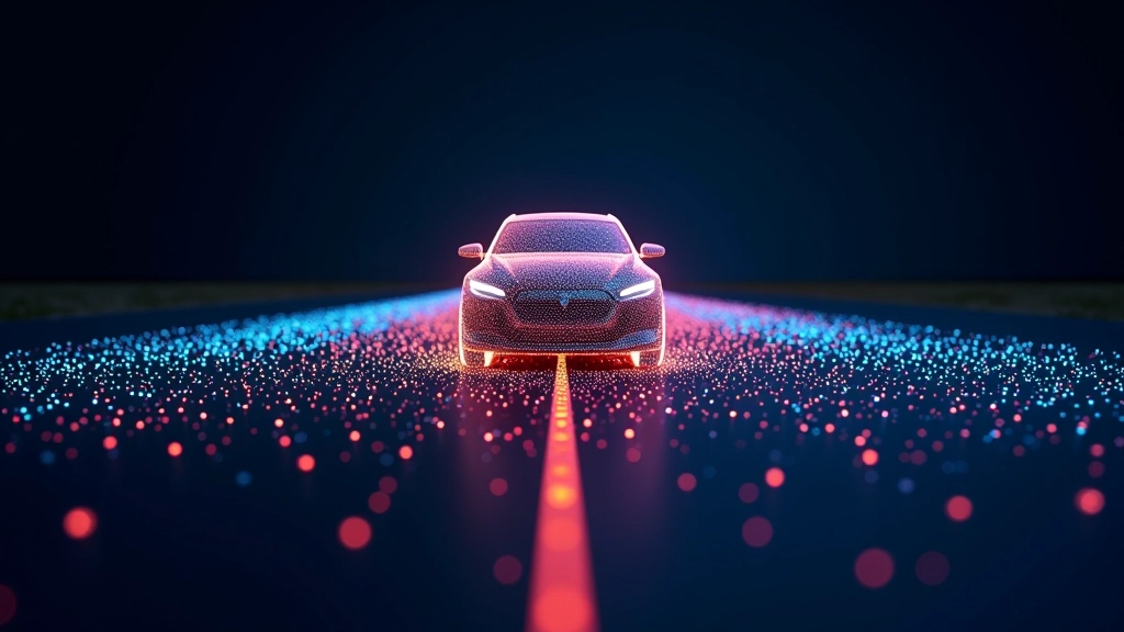 Lidaro technologijos vizualizacija, 3D punktų debesis rodantis automobilį, kelius ir aplinkinius objektus, spalvotas mažėjimo dažnis