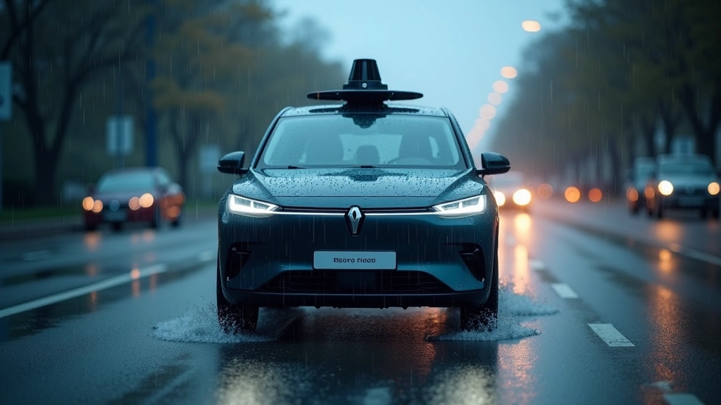 Autonominio automobilio vairavimas lietingomis sąlygomis, jutikliai sudaro žemėlapį per šlapią aplinką, neryški vizija, realios sąlygos