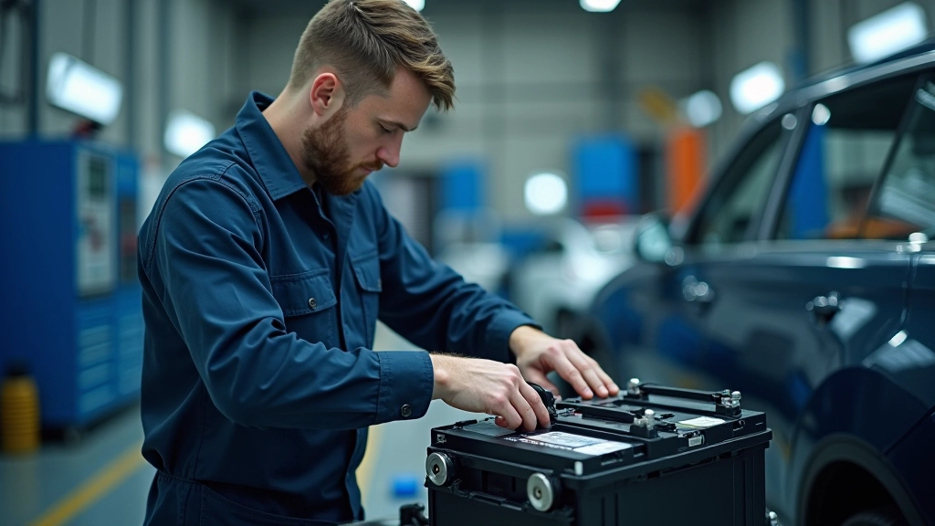 Elektromobilio baterija išmontavimo procese su inžinieriniais įrankiais ir diagnostine įranga