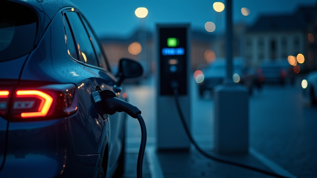 Šaržavimo stotis su elektromobiliu, kuriame rodomos šaržavimo būsenos ir temperatūros indikatoriai