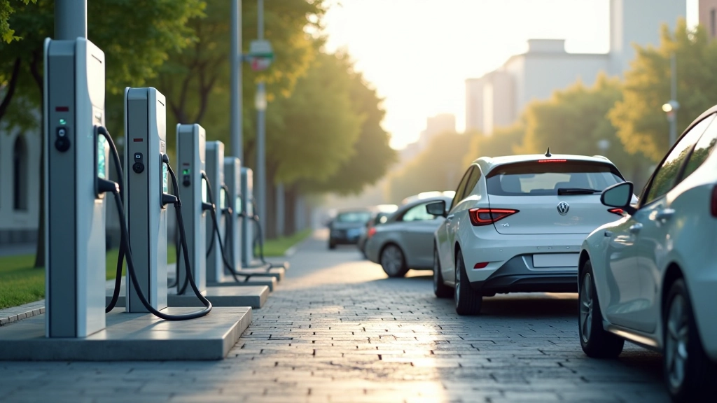 Greitosios elektromobilio įkrovimo stotelės su keliomis prijungtomis mašinomis gatvėje