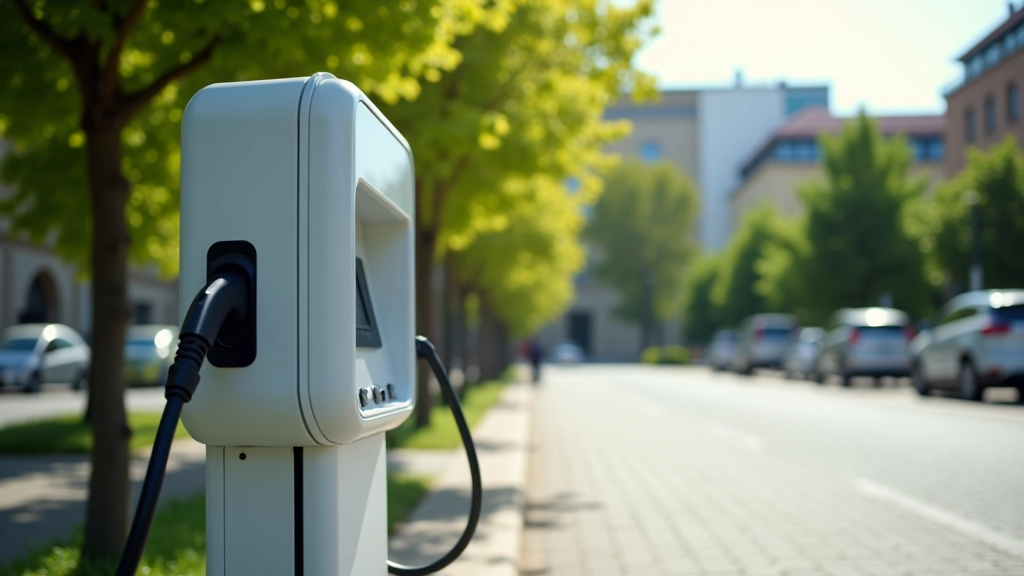 Šiuolaikiška elektromobilio įkrovimo stotelė moderniame mieste su žaliais medžiais fone