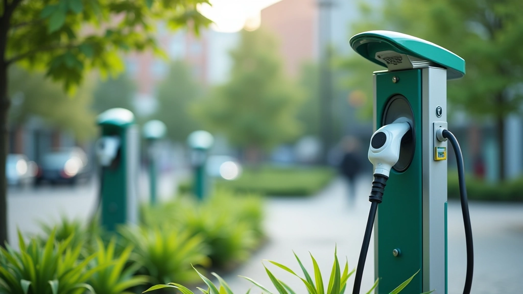 Įvairios tipų įkrovimo stotelės šalia viena kitos miesto zonoje su žalumynais ir šiuolaikine architektūra