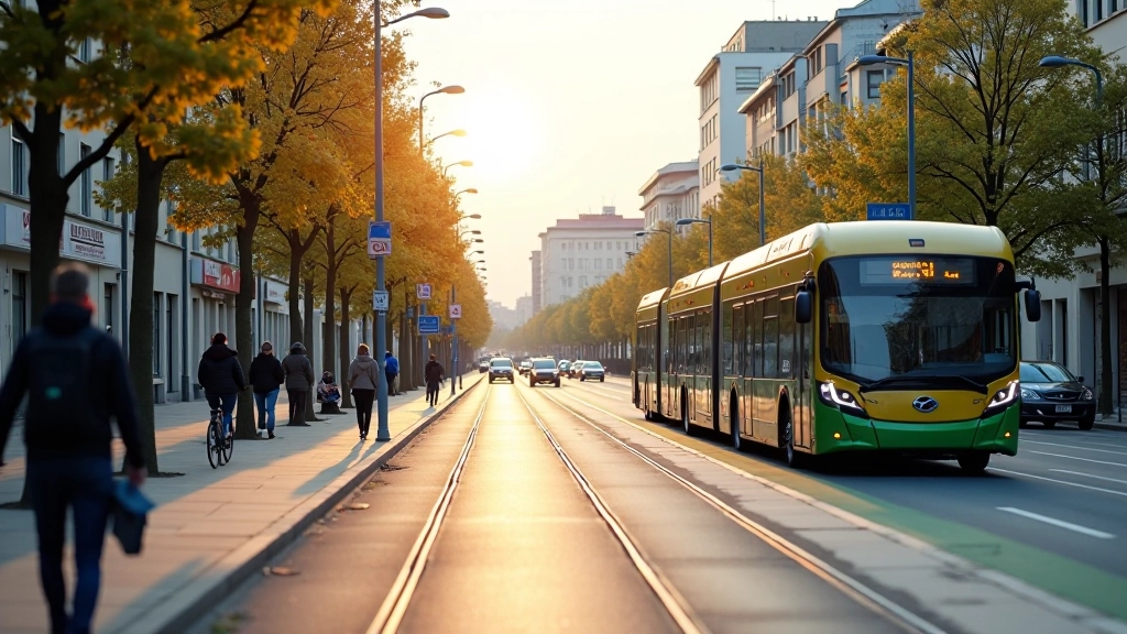 Miesto gatvė su elektriniais autobusais ir pėsčiųjų zonomis